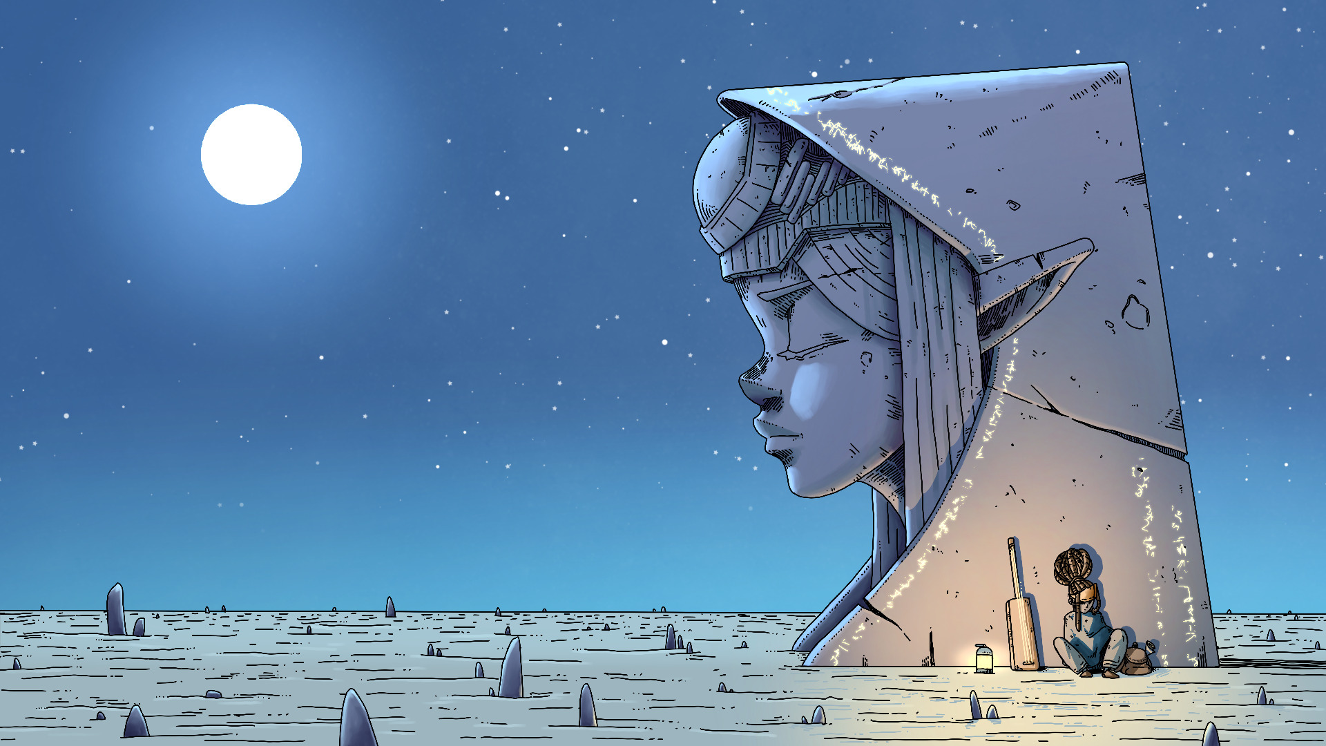 Art from Mira and the Legend of the Djinns depicting Yuba (main character) resting by a statue of Mira.